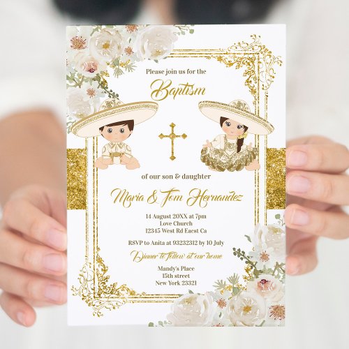 Gold Floral Mexican Baptism Fiesta Twin  Invitation