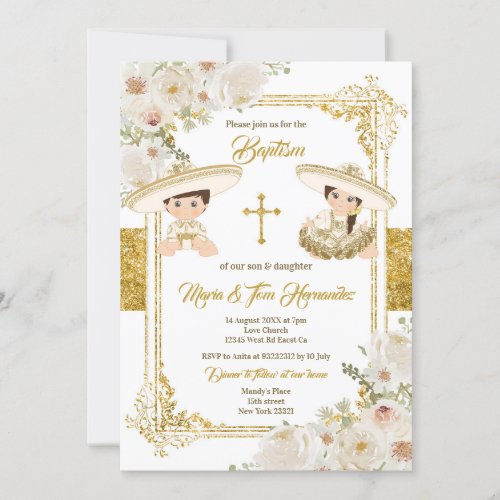 Gold Floral Mexican Baptism Fiesta Twin  Invitation