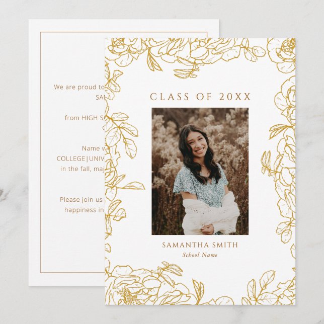 Gold Floral Modern Typography Photo Graduation Announcement (Front/Back)