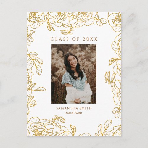 Gold Floral Modern Typography Photo Graduation Invitation Postcard