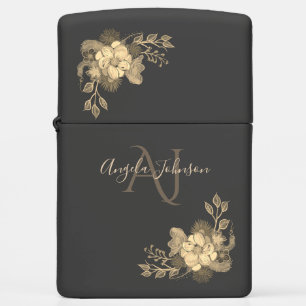 Gold Floral Monogram Black Zippo Lighter