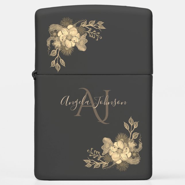 Gold Floral Monogram Black  Zippo Lighter (Front)