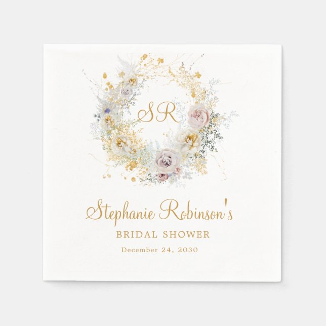 Gold Floral Monogram Bridal Shower Napkins (Front)
