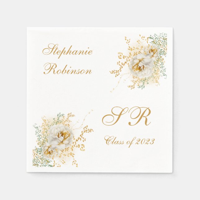 Gold Floral Monogram Graduation  Napkins (Front)