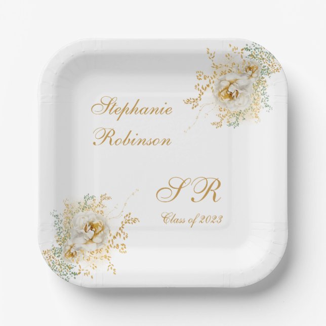 Gold Floral Monogram Graduation Party Paper Plates (Front)