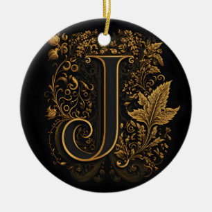 Gold Floral Monogram J Ceramic Ornament