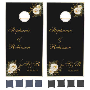 Gold Floral Monogram Logo On Black Wedding Cornhole Set