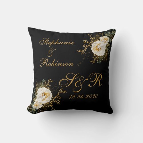 Gold Floral Monogram Logo On Black Wedding Gift  Throw Pillow