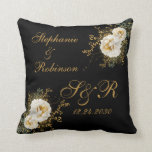 Gold Floral Monogram Logo On Black Wedding Gift  Throw Pillow<br><div class="desc">Gold winter floral monogram logo on black wedding gift throw pillow. Great gift for newly weds or your favorite couple for their wedding anniversary. Easy to customize bride groom names,  initials and wedding date. Get yours today!</div>