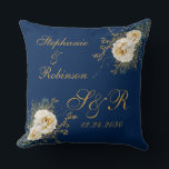 Gold Floral Monogram Logo On Navy Blue Wedding Thr Throw Pillow<br><div class="desc">Gold winter floral monogram logo on navy blue wedding gift throw pillow. Great gift for newly weds or your favorite couple for their wedding anniversary. Easy to customize bride groom names,  initials and wedding date. Get yours today!</div>