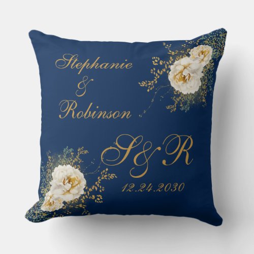 Gold Floral Monogram Logo On Navy Blue Wedding Thr Throw Pillow