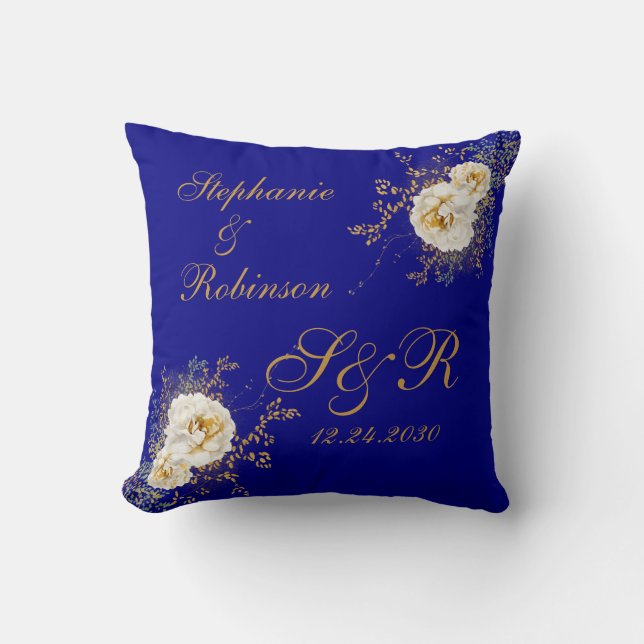 Gold Floral Monogram Logo On Navy Blue Wedding Throw Pillow (Front)