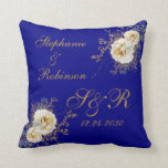 Gold Floral Monogram Logo On Navy Blue Wedding Throw Pillow<br><div class="desc">Gold winter floral monogram logo on navy blue wedding gift throw pillow. Great gift for newly weds or your favorite couple for their wedding anniversary. Easy to customize bride groom names,  initials and wedding date. Get yours today!</div>