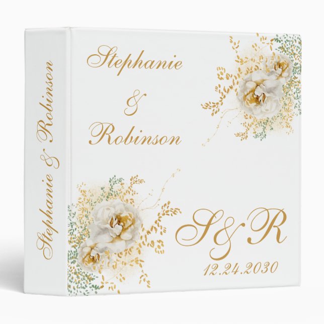 Gold Floral Monogram Logo Wedding Album 3 Ring Binder (Front/Spine)