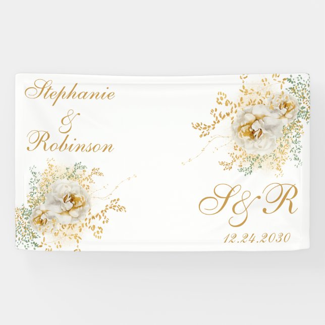 Gold Floral Monogram Logo Wedding Banner (Horizontal)