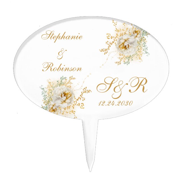 Gold Floral Monogram Logo Wedding Cake Topper (Front)