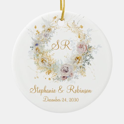 Gold Floral Monogram Logo Wedding Gift   Ceramic Ornament