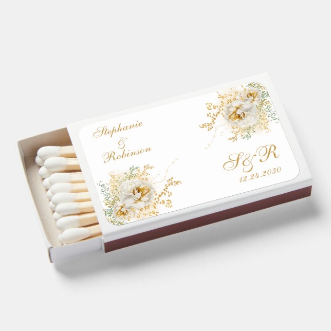 Gold Floral Monogram Logo Wedding Gift Favor Matchboxes (Front Open)