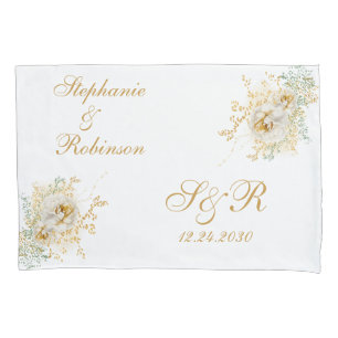 Gold Floral Monogram Logo Wedding Gift Pillow Case