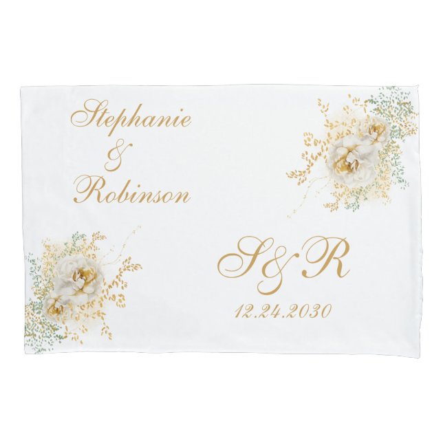 Gold Floral Monogram Logo Wedding Gift Pillow Case (Front)