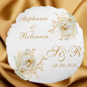 Gold Floral Monogram Logo Wedding Gift Round Pillow
