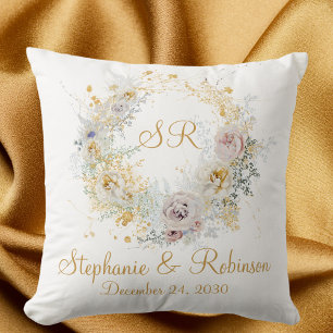 Gold Floral Monogram Logo Wedding Gift Throw Pillow