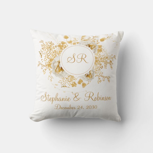 Gold Floral Monogram Logo Wedding Gift Throw Pillow (Front)