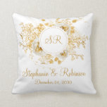 Gold Floral Monogram Logo Wedding Gift Throw Pillow<br><div class="desc">Gold winter floral monogram logo wedding gift throw pillow. Great gift for newly weds. Easy to customize bride groom names,  initials and wedding date. Get yours today!</div>