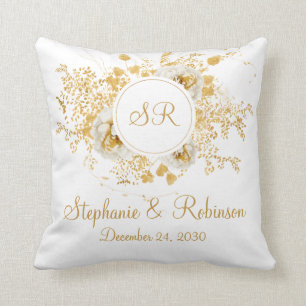 Gold Floral Monogram Logo Wedding Gift Throw Pillow