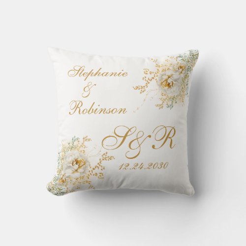 Gold Floral Monogram Logo Wedding Kneeling  Throw Pillow