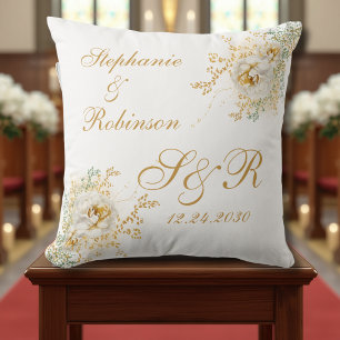 Gold Floral Monogram Logo Wedding Kneeling Throw Pillow