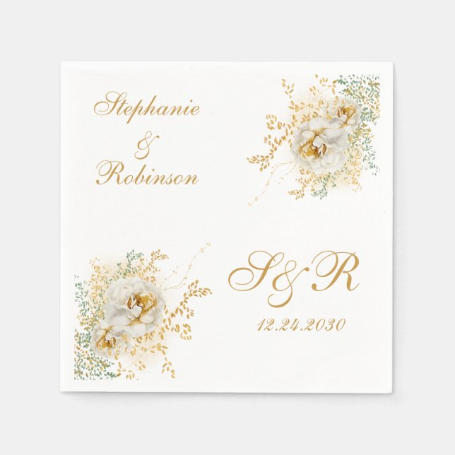 Gold Floral Monogram Logo Wedding  Napkins (Front)