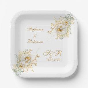 Gold Floral Monogram Logo Wedding Paper Plates