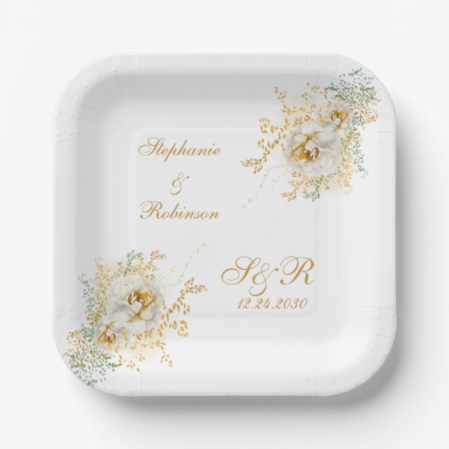 Gold Floral Monogram Logo Wedding  Paper Plates (Front)
