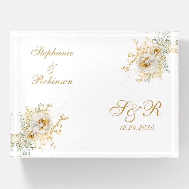 Gold Floral Monogram Logo Wedding  Paperweight (Front)