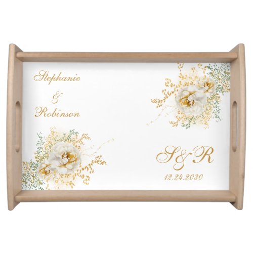 Gold Floral Monogram Logo Wedding  Serving Tray