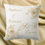 Gold Floral Monogram Logo Wedding  Throw Pillow<br><div class="desc">Gold winter floral monogram logo wedding throw pillow. Great gift for newly weds. Easy to customize bride groom names,  initials and wedding date. Get yours today!
Part of a matching collection. See full collection here: https://www.zazzle.com/collections/elegant_gold_floral_monogram_collection-119594808970991342
Contact designer for matching products.</div>