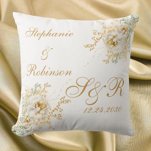 Gold Floral Monogram Logo Wedding  Throw Pillow