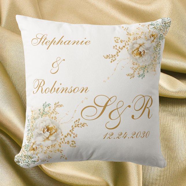 Gold Floral Monogram Logo Wedding  Throw Pillow (Creator Uploaded)