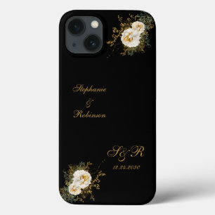 Gold Floral Monogram On Black Wedding iPhone 13 Case