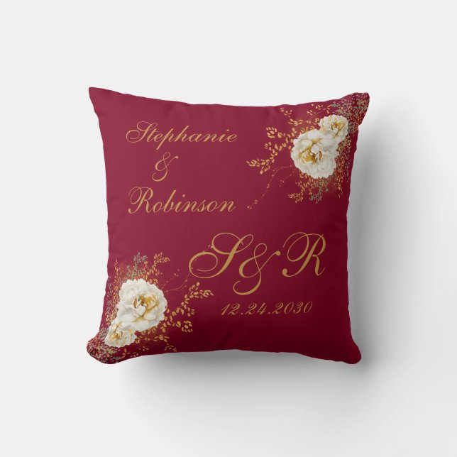 Gold Floral Monogram On Burgundy Wedding Gift  Throw Pillow (Front)