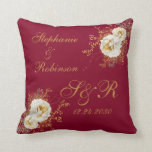 Gold Floral Monogram On Burgundy Wedding Gift  Throw Pillow<br><div class="desc">Gold winter floral monogram logo on burgundy wedding gift throw pillow. Great gift for newly weds or your favorite couple for their wedding anniversary. Easy to customize bride groom names,  initials and wedding date. Get yours today!</div>