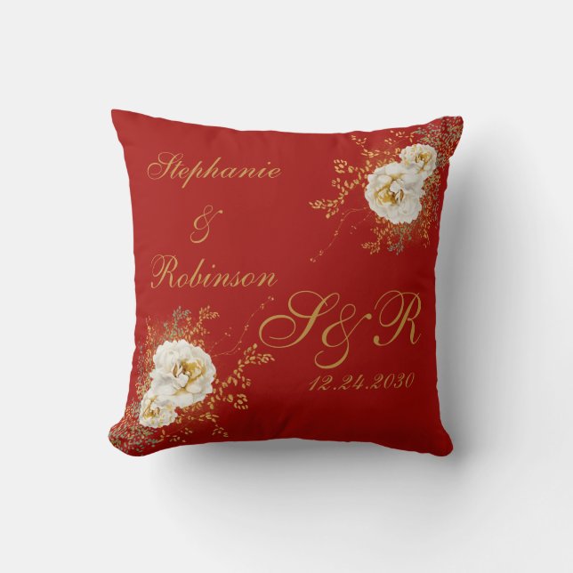 Gold Floral Monogram  On Red Christmas Wedding  Throw Pillow (Front)
