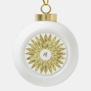 Gold Floral Monogram Pattern Ceramic Ball Christmas Ornament