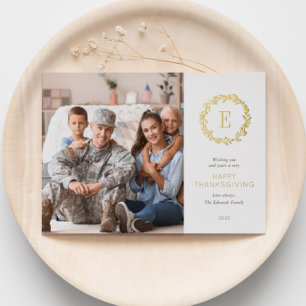 Gold Floral Monogram Thanksgiving Greeting Photo Foil Holiday Card