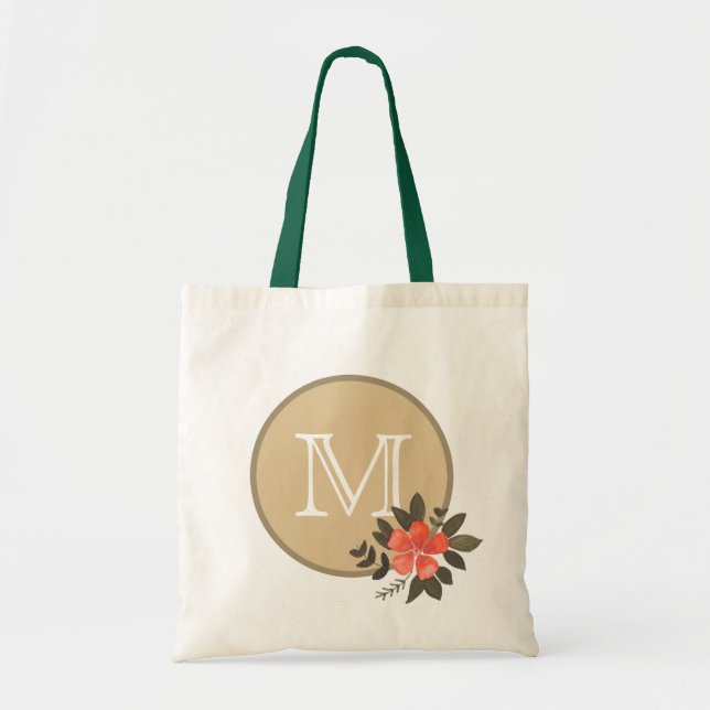 Gold Floral Monogram Tote Bag (Front)