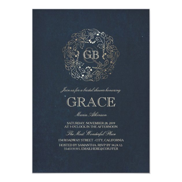 Gold Floral Monogram Vintage Navy Bridal Shower Invitation