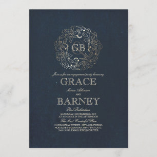 Gold Floral Monogram Vintage Navy Engagement Party Invitation