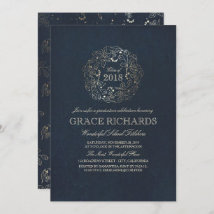 Gold Floral Monogram Vintage Navy Graduation Party Invitation