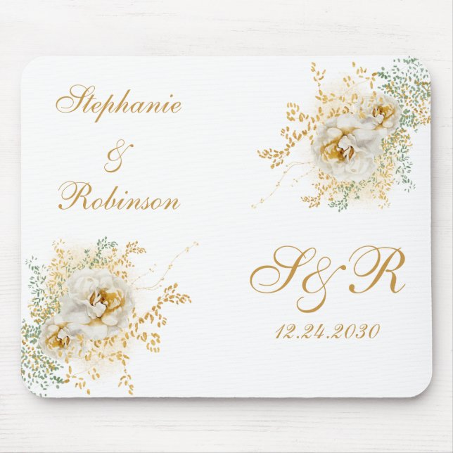 Gold Floral Monogram Wedding Mouse Pad (Front)